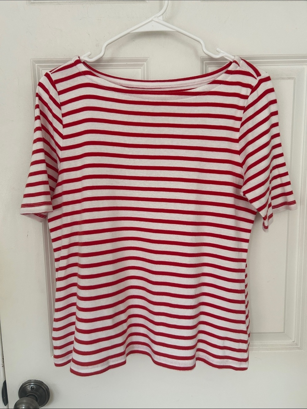 Charter Club Striped Boatneck Tee shirt size large petite red white short sleeve